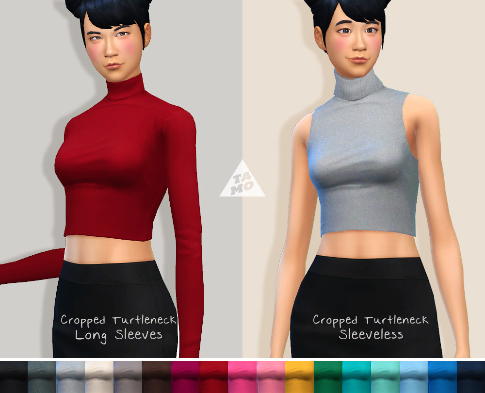 Cropped Turtlenecks for TS4 ladiesItâ€™s just basic cropped tops as you can see. Both has same 17 colors.
Download on HERE!