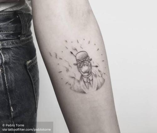 By Pablo Torre, done at Alchemist’s Valley, Madrid.... art;small;patriotic;dotwork;clock;contemporary;belgium;the son of man;rene magritte;facebook;location;twitter;inner forearm;europe;other;illustrative;pablotorre