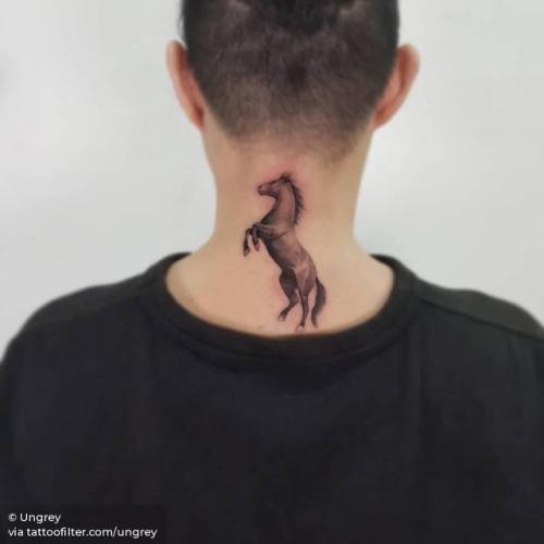 By Ungrey, done in Seoul. http://ttoo.co/p/238355 single needle;animal;horse;back of neck;ungrey;facebook;twitter;medium size