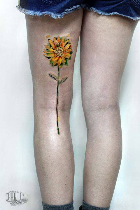 By Bartt ·  Bartosz Pawlicki, done at Scratchline Tattoo,... flower;leg;sunflower;bartt;big;contemporary;watercolor;facebook;nature;twitter;expressionist