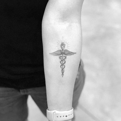By Drag, done at Bang Bang Tattoo SoHo, Manhattan.... small;single needle;symbols;tiny;ifttt;little;caduceus;drag;inner forearm
