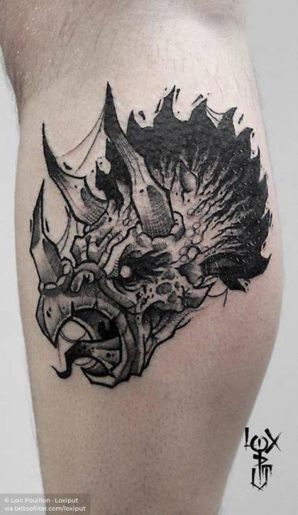 By Loic Pouillon · Loxiput, done at Blacksheep Tattoo, Grenoble.... dinosaur;calf;loxiput;animal;facebook;blackwork;twitter;medium size;triceratops;illustrative