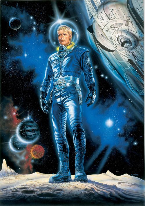 scifi space art astronaut planetoid moon spaceship stars exploration nebula original
