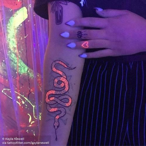 By Kayla Newell, done at Kilroy’s Tattoo, Portland.... uv;kaylanewell;big;animal;contemporary;snake;facebook;twitter;experimental;inner forearm;other