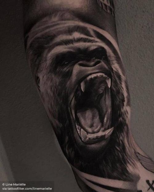By Line Mariëlle, done at Venlig Hilsen - Din Tatovør, Aarhus.... black and grey;gorilla;inner arm;big;animal;facebook;twitter;primate;portrait;linemarielle