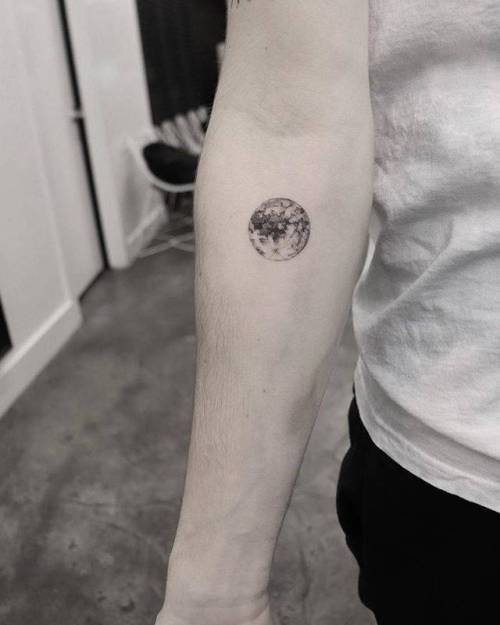 By Michelle Santana, done at Bang Bang Tattoo, Manhattan.... small;astronomy;single needle;micro;tiny;ifttt;little;michellesantana;full moon;moon;inner forearm