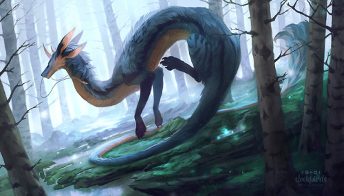art digital art illustration clockbirds dragon photoshop landscape trees forest eastern dragon mist art2018 commission art