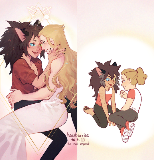 now, as before [image is two drawings of catra and adora from she-ra (2018). in the first, they sit in their future outfits...