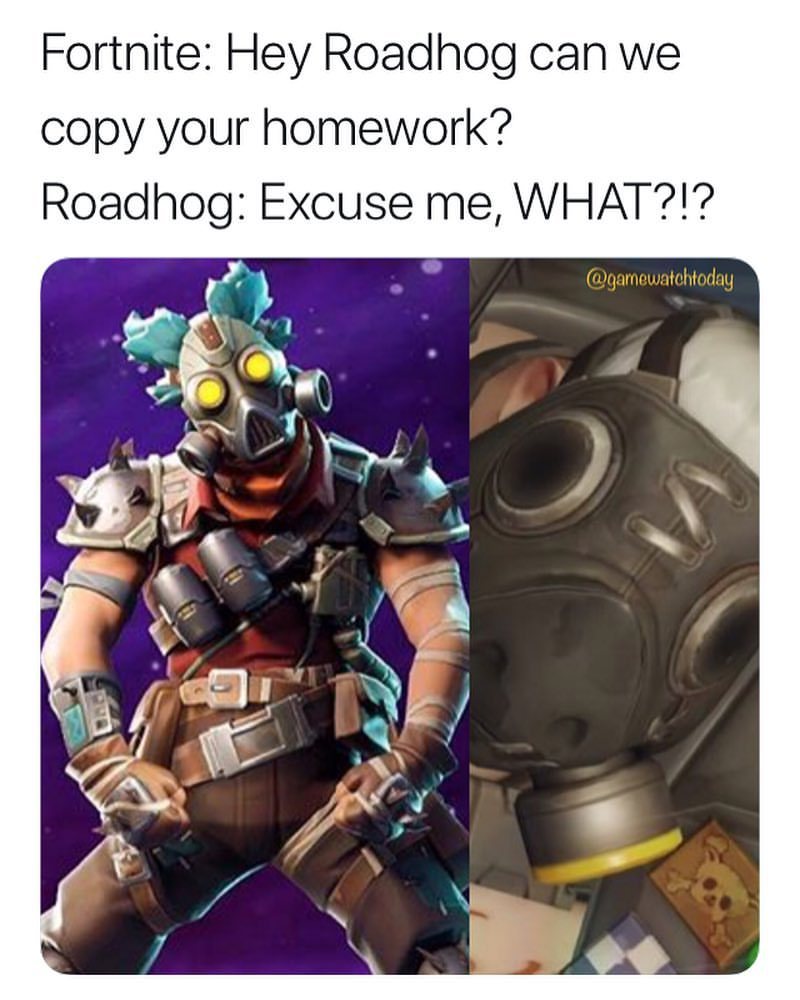 new fortnite skin looks like roadhog with that mask and gear both - fortnite copied overwatch skins