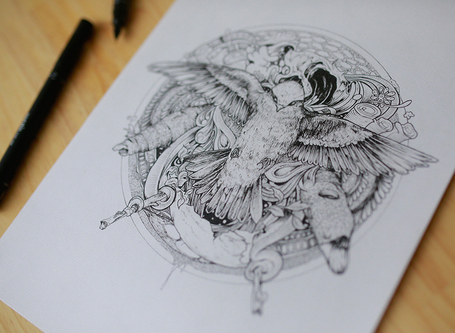 “Keep an eye on the bird”. Personal work/ Fine liners on paper.