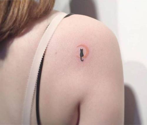 By Diki · Playground, done at Playground Tattoo, Seoul.... small;astronomy;micro;animal;playground;tiny;ifttt;little;shoulder blade;crescent moon;moon;cat;illustrative;pet;feline
