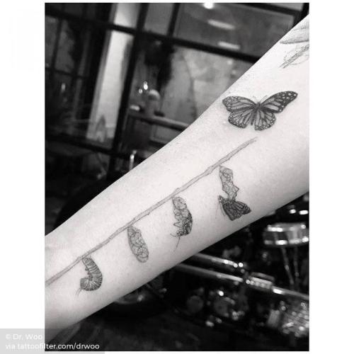 By Dr. Woo, done at Hideaway at Suite X, Los Angeles.... insect;single needle;big;butterfly;animal;facebook;twitter;inner forearm;drwoo