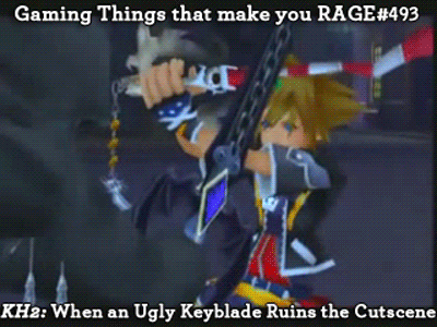 Gaming Things that make you RAGE #493
Kingdom Hearts 2: When an Ugly Keyblade can ruin a Cutscene
submitted by: neriede
————
((mod: this one isn’t so bad, but you get the idea. there are some pretty terrible designs for intense cutscenes))