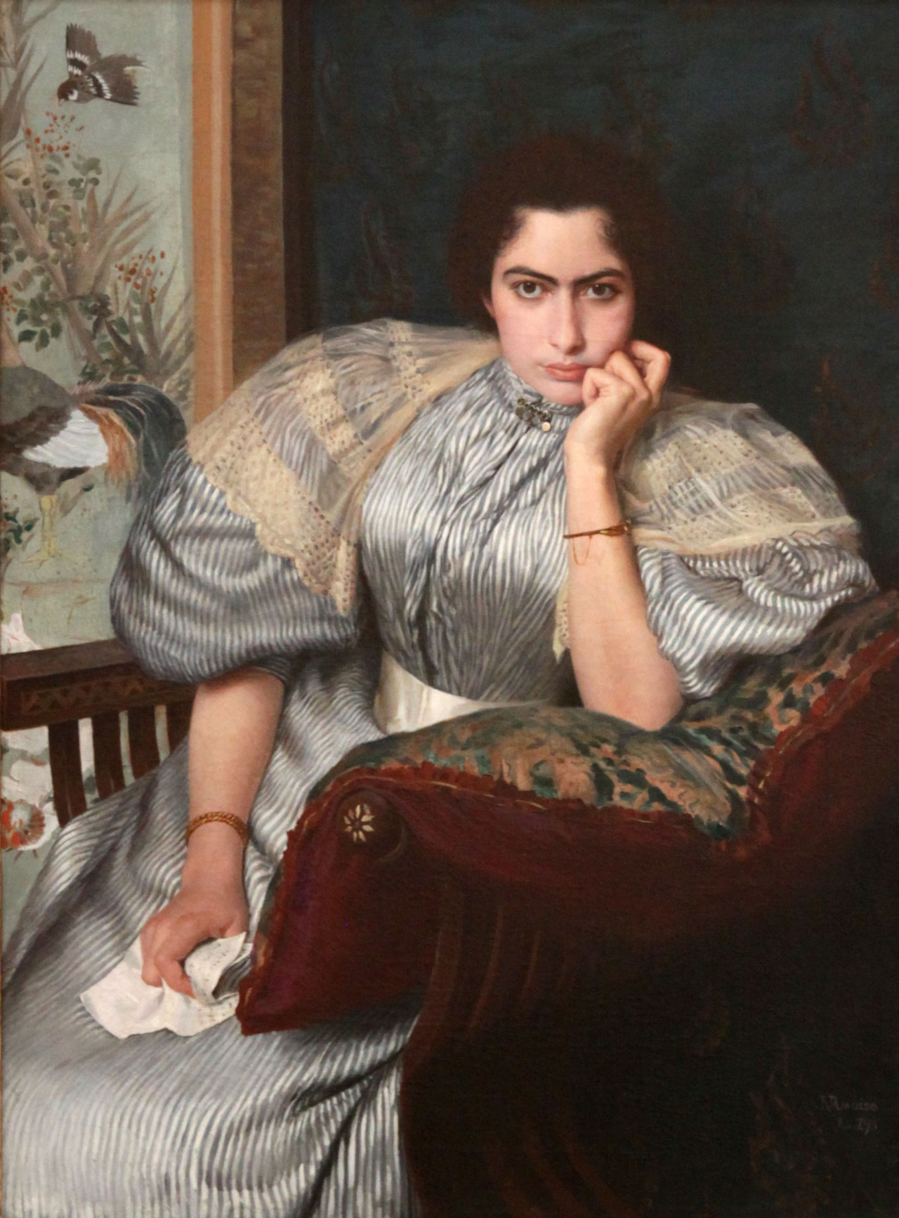 More News (1895). Rodolfo Amoedo (Brazilian, 1857-1941). Oil on canvas. Museu Nacional de Belas Artes do Rio de Janeiro.
The lady holds a letter which she had been reading. The news is likely bad as she crumples the letter and stares out into space...