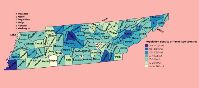 Population Density Of Tennessee Counties - Maps On The Web