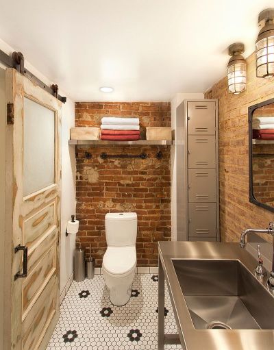 Tiny Industrial Style Bathroom with Exposed Brick [800x1020]