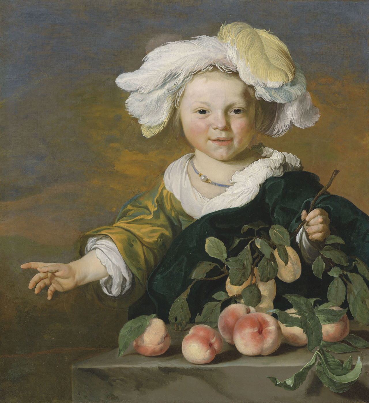 Attributed to Louis Vallee (d.1653), â€˜Portrait of a Child, in a plumed hat with peachesâ€™, 1600s, oil on canvas, Dutch, for sale est. 15,000-20,000 GBP in Christieâ€™s Old Masters Day sale, July 2019