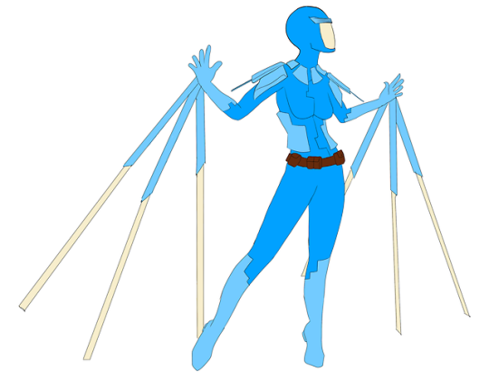 A drawing of a superhero in blue tech armor with wings
