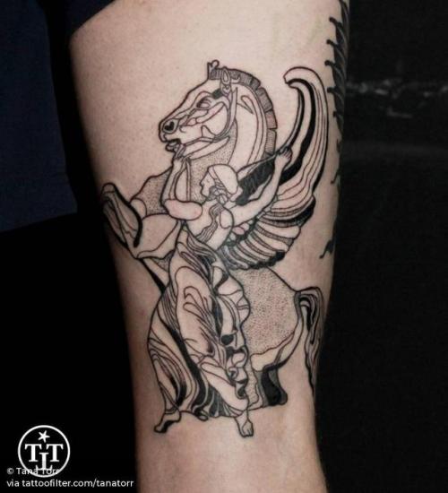 Tattoo tagged with: ancient greek art, pegasus, greek mythology, greece,  patriotic, line art, big, classical, thigh, facebook, blackwork, twitter,  tanatorr, mythology 