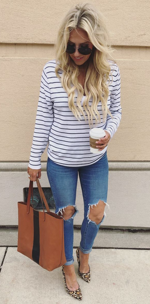 50+ Cozy Outfit Ideas You Need - #Fashion, #Outfit, #Outfits, #Fashionistas, #Street Wind blown hair... Iobsessed with this stripe top you guys! Itthe perfect oversized fit Plus this denim, less than 100.00, fits like a glove I also linked my exact heels!!! Shop it ALL by following me on the  App or here  