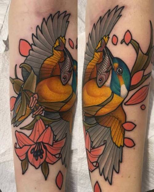 By Mitchell Allenden · Sneaky Mitch, done at The Tattoo... kingfisher;big;animal;bird;facebook;mitchellallenden;twitter;inner forearm;neotraditional