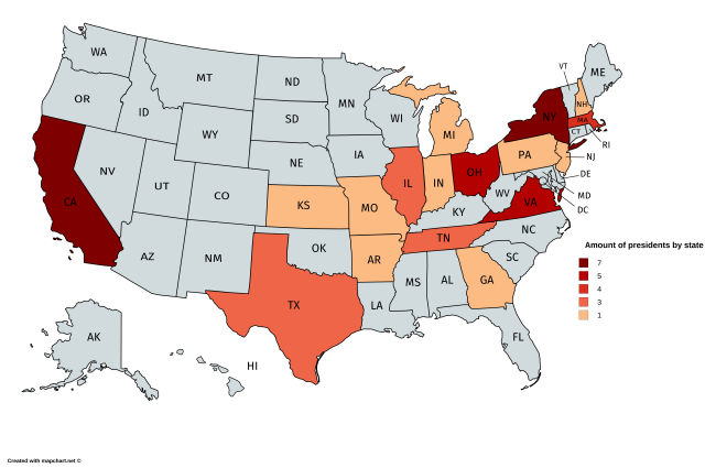 Amount of presidents from each US state. - Maps on the Web