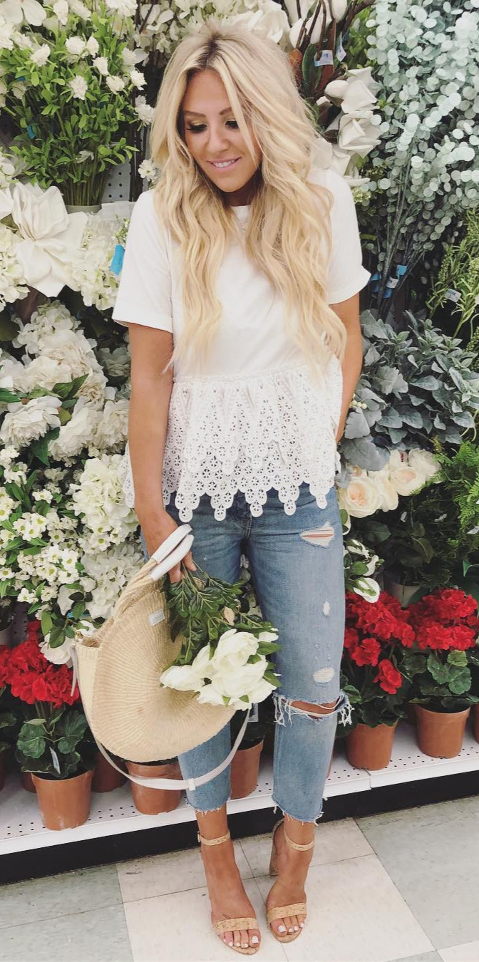 50+ Cozy Outfit Ideas You Need - #Photooftheday, #Clothing, #Outfitoftheday, #Fashionistas, #Streetstyle I found the cutest little eyelet detailed white tee for only $55.00 comes in black I linked my new cork heels too!!! Iobsessed with these because they go with everything and are super comfy!! Shop it all here OR by doll me on the  App :  