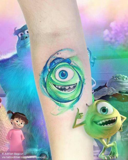 By Adrian Bascur, done at NVMEN, Viña del Mar.... adrianbascur;cartoon character;cartoon;facebook;fictional character;film and book;inner forearm;medium size;mike wazowski;monsters inc;monster;mythology;pixar character;pixar;twitter