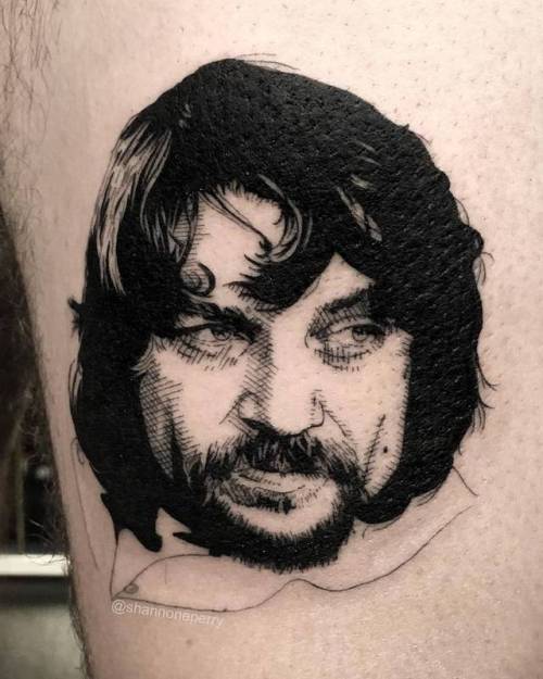 By Shannon Perry, done at Valentine’s Tattoo Co., Seattle.... music;sketch work;waylon jennings;patriotic;united states of america;character;thigh;facebook;twitter;portrait;shannonperry;medium size;illustrative