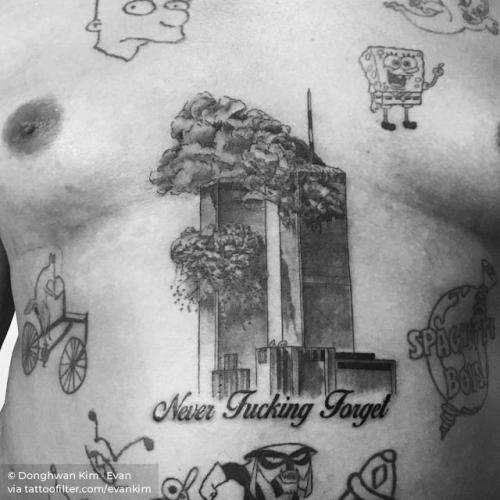 By Donghwan Kim · Evan, done in Manhattan.... black and grey;twin towers;patriotic;family;stomach;big;memorial;sternum;united states of america;facebook;evankim;location;twitter;architecture;new york