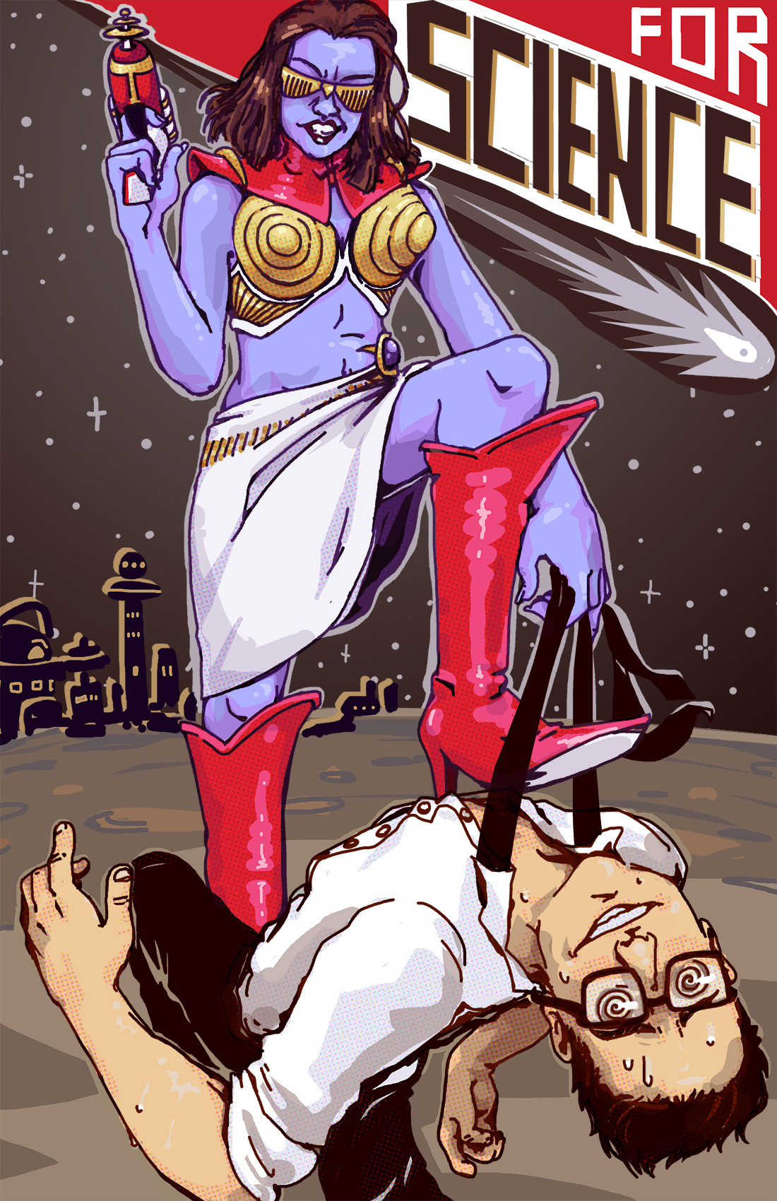 A blue alien woman with a raygun steps on John Flansburgh's neck. In the background there is a far-off space city and a comet.