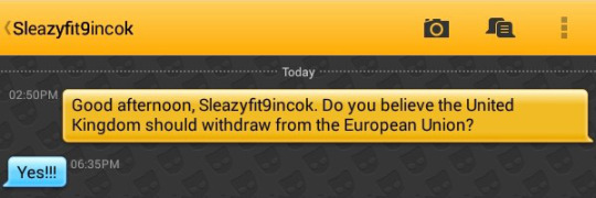 Me: Good afternoon, Sleazyfit9incok. Do you believe the United Kingdom should withdraw from the European Union?
Sleazyfit9incok: Yes!!!