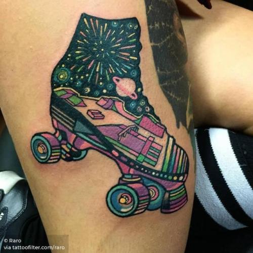 By Raro, done at Bloody Bones Tattoo, Portugalete.... surrealist;toy;big;contemporary;raro;thigh;roller skate;facebook;twitter;pop art;game