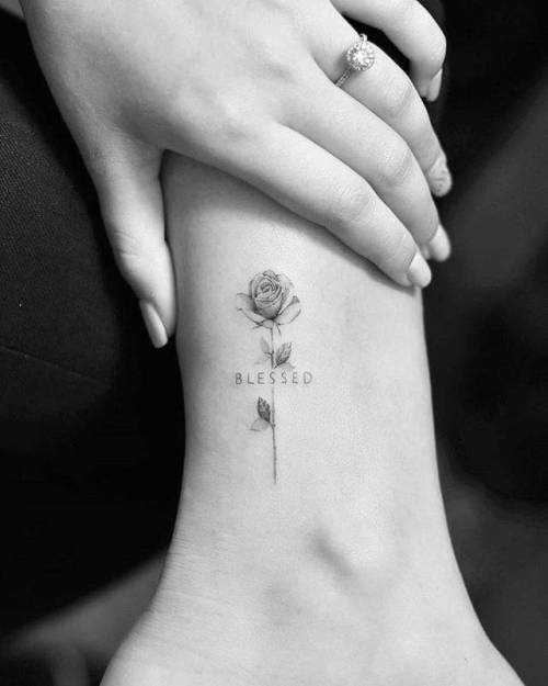 By Drag, done at Bang Bang Tattoo, Manhattan.... flower;small;single needle;languages;tiny;rose;ankle;ifttt;little;nature;english;blessed;drag;english word;word