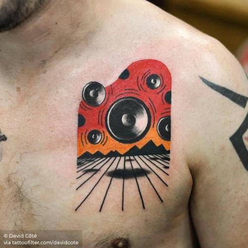 By David Côté, done at Brown Brothers Tattoo, Chicago.... music;surrealist;davidcote;chest;contemporary;facebook;twitter;pop art;medium size
