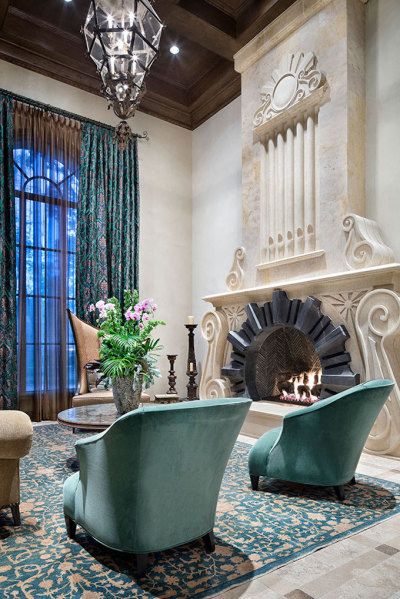 Monumental Stone Fireplace in Opulent Sitting Room [680 x 1019]