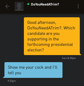 Me: Good afternoon, DoYouNeedATrim?. Which candidate are you supporting in the forthcoming presidential election? DoYouNeedATrim?: Show me your cock and I'll tell you