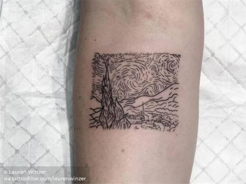 By Lauren Winzer, done at Hunter and Fox Tattoo, Sydney.... art;small;line art;laurenwinzer;contemporary;tiny;netherlands;ifttt;little;location;inner forearm;van gogh;europe;the starry night;fine line;patriotic