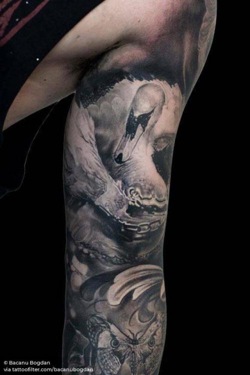 By Bacanu Bogdan, done at NR Tattoo Cheltenham, Cheltenham.... healed;black and grey;swan;bacanubogdan;bicep;big;animal;bird;facebook;twitter;other