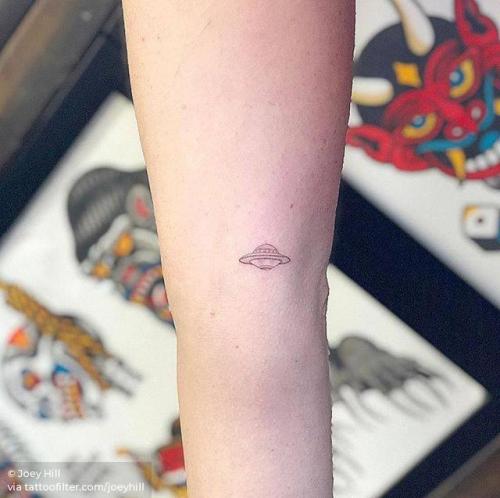By Joey Hill, done at High Seas Tattoo Parlor, Los Angeles.... small;single needle;micro;ufo;line art;inner arm;tiny;joeyhill;ifttt;little;mythology;fine line