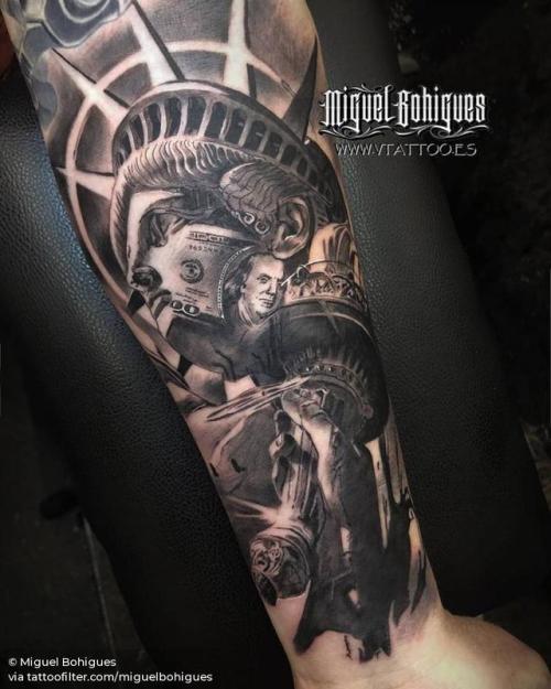 By Miguel Bohigues, done at V Tattoo, Aldaia.... architecture;big;black and grey;facebook;inner forearm;location;miguelbohigues;new york;patriotic;statue of liberty;twitter;united states of america