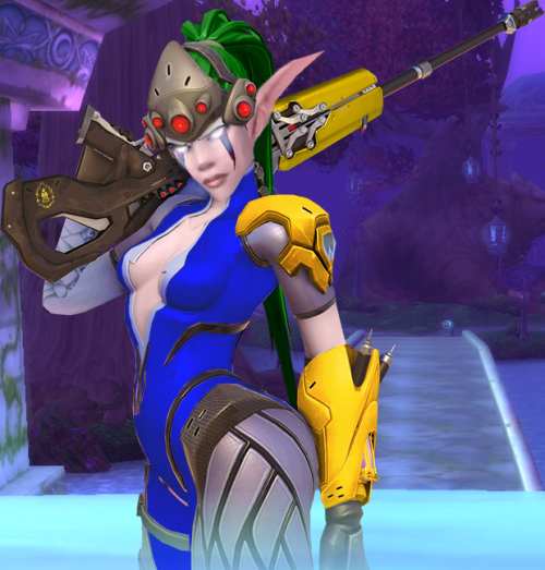 Night elf cosplaying as Grand Marshal Widowmaker