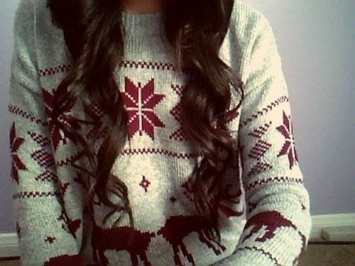 long brown hair cute sweater patterned sweater sweater sweaters snowflakes long hair brown hair winter cute clothes curly hair