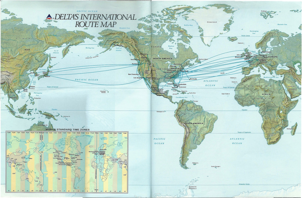 airline maps — delta international route map, spring 1991 how