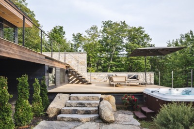 archatlas:<br /><br /><br />Estrade Residence in Quebec<br /><br /><br />Located in the verdant Laurentians in Quebec, the Estrade Residence reveals itself discretely on the shores of Lac de la Cabane in St-Adolphe d’Howard. It is by studying the steep and rocky topography of the place that MU Architecture decided to highlight the peculiarities of this site with an adapted and captivating architectural intervention. <br />Follow the Source Link for images sources and more information. <br />