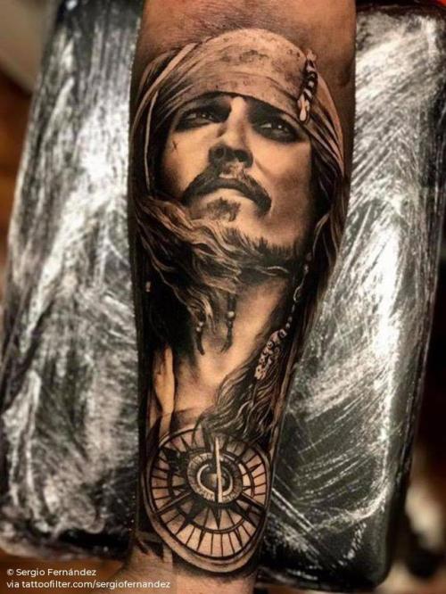 By Sergio Fernández, done at Seven Tattoo, Malaga.... black and grey;johnny depp;patriotic;fictional character;big;pirate;jack sparrow;sergiofernandez;united states of america;character;facebook;twitter;profession;pirates of the caribbean;portrait;inner forearm;film and book