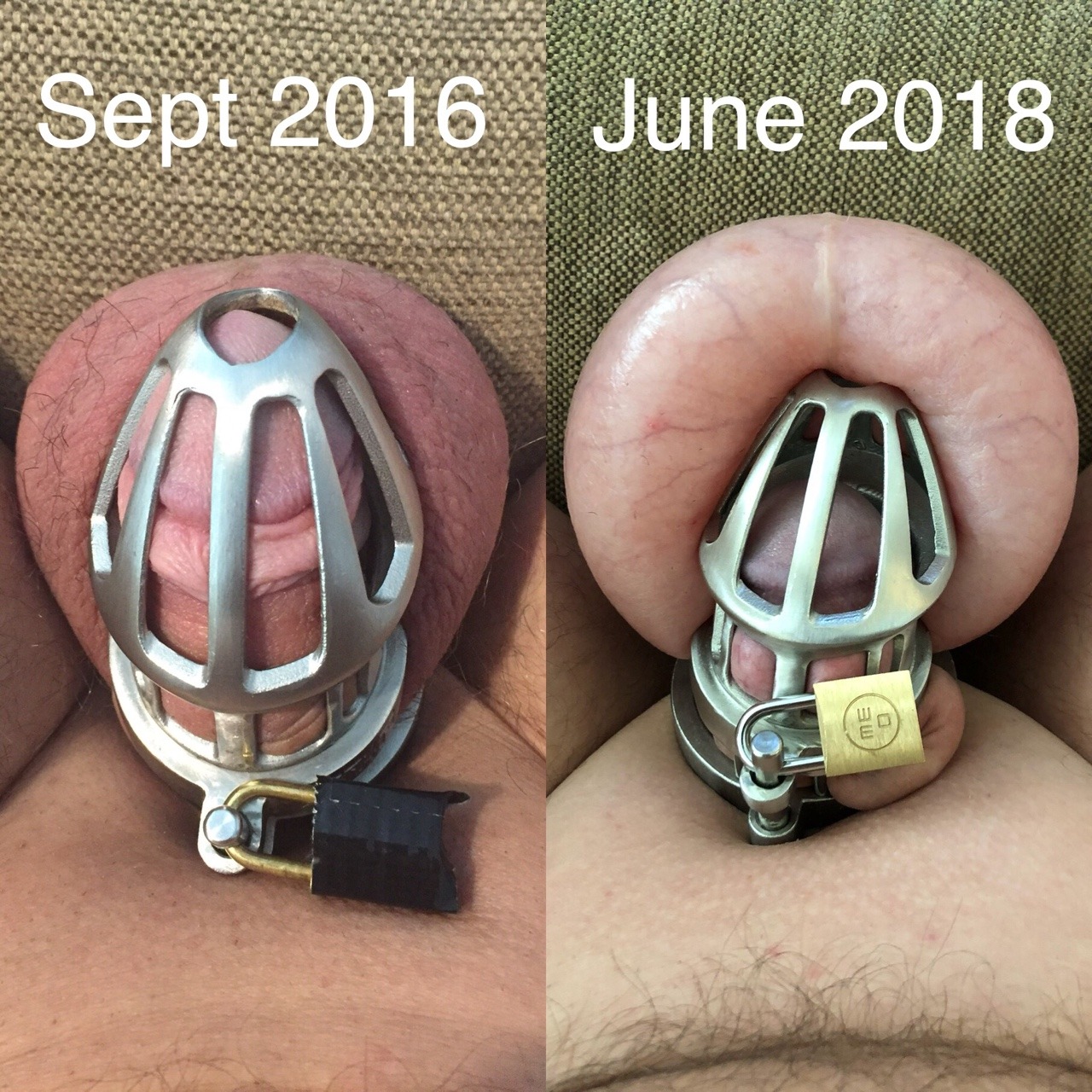 sneakerguyinchastity:
“ That’s the evidence:
With a chastity device, my dick has shrunk. Same cock, same couch, same position, same cage.
Left picture is 21 months ago, right picture is today.
In the cage is much more space than before.
”