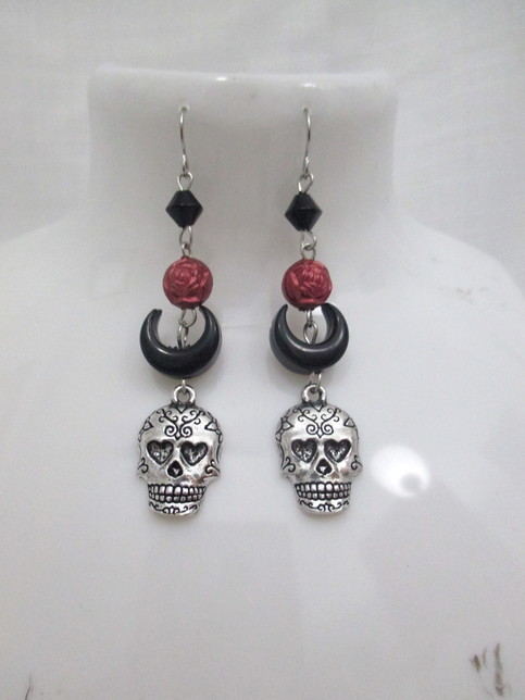 (via Skull, Moon, and Rose Gothic Beaded Dangle Earrings from...