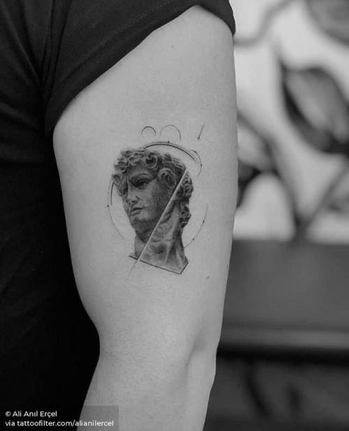 By Ali Anıl Erçel, done at Tattoom Gallery, Istanbul.... art;small;single needle;king david;tiny;classical;michelangelo;ifttt;little;location;michelangelo david;medium size;italy;religious;europe;upper arm;patriotic;alianilercel;graphic