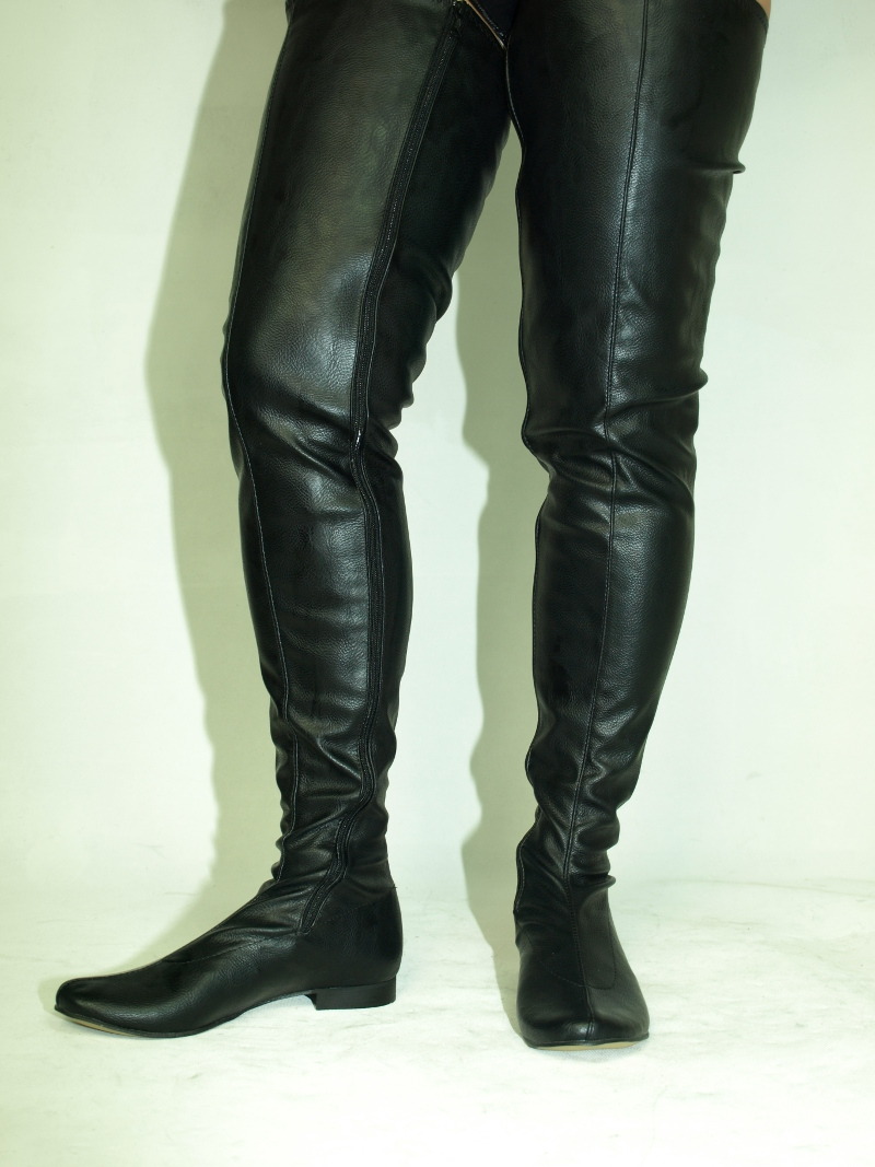 Latex High Heels, Black eco-leather boots with flat sole...